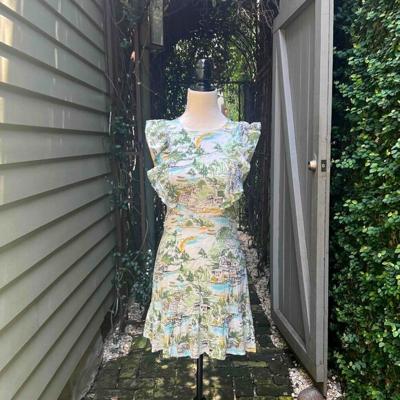 Sugarlips Francine Toile Print Ruffle Mini Dress Multi-Green Anthropologie - Picture 3 of 14